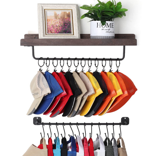 Hat Rack for Wall with Shelf for 24 Baseball Caps Metal Hat Organizer with 12 Clips and 12 Hook Hat Holder